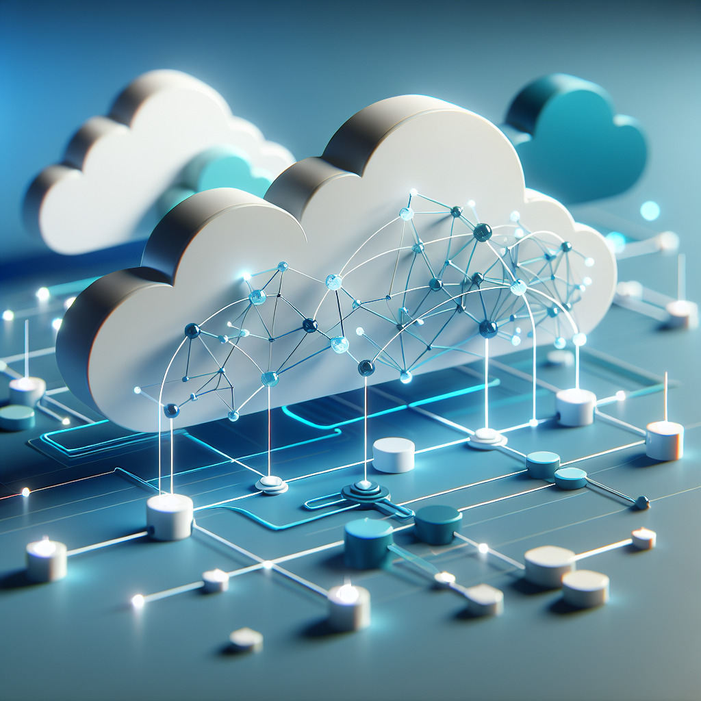 A professional 3D render of interconnected abstract shapes symbolizing data flows and cloud automation. The color palette features shades of Microsoft Azure blues, teals, and whites. The composition is centered with soft ambient lighting illuminating the shapes. The rendering evokes a mood of innovation, trustworthiness, and forward-thinking. The shapes are sleek, modern, and clean, with a harmonious blend of geometric and organic forms. Digital elements, such as faint glowing lines and nodes, are subtly incorporated to enhance the theme of technology and seamless connectivity. The overall image conveys a sense of futuristic efficiency and advanced cloud computing.