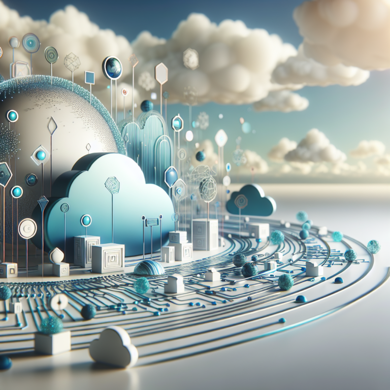 A professional and detailed 3D render of interconnected geometric shapes, cloud-shaped icons, flowing data streams, and abstract circuit patterns. The design prominently features the color palette of Microsoft Azure, including shades of blue, teal, and white. The setting is a wide landscape shot with soft ambient lighting to emphasize the elements and create a serene, modern visual appeal. The concept conveys a mood of trustworthiness, technological innovation, and futuristic connectivity.