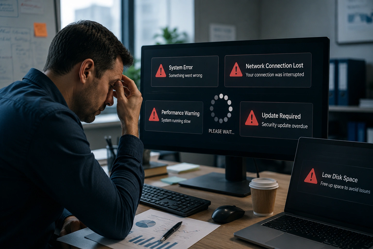 Signs of outdated systems, slow technology, and growing IT challenges.
